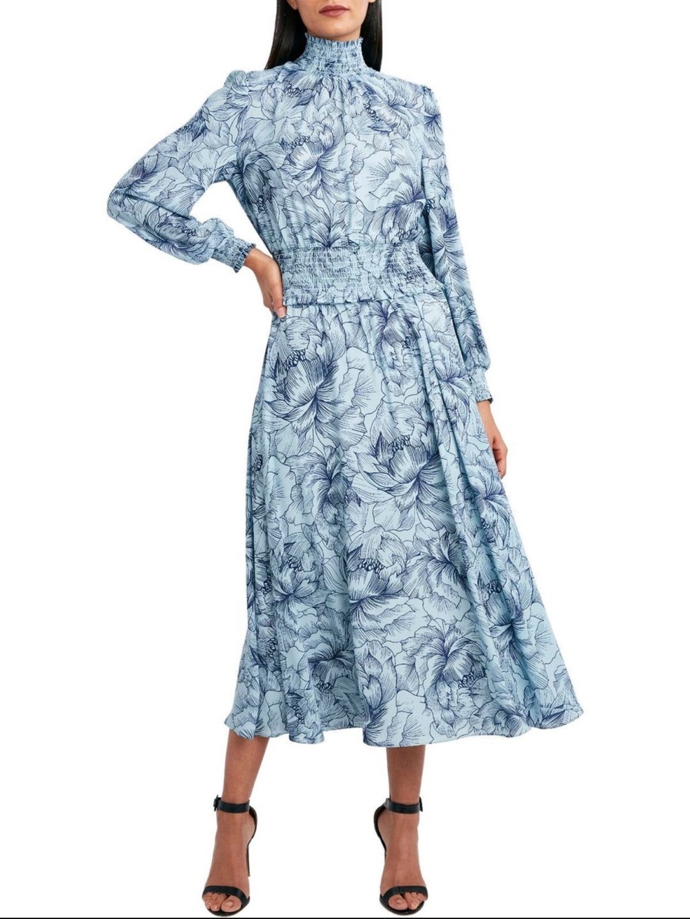 BCBGMAXAZRIA Floral-print mock neck long sleeve  Dress In Ashley Blue small S